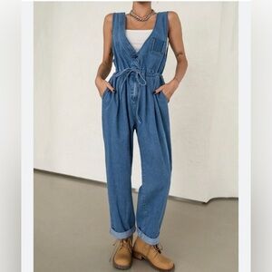 Drawstring V Neck Sleeveless Denim Jumpsuit
